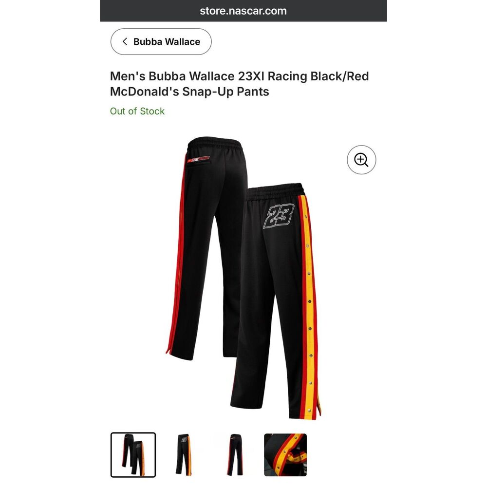 NASCAR 23XI Racing Bubba Wallace McDonald's Snap-Up Pants Men's Size L Black Red